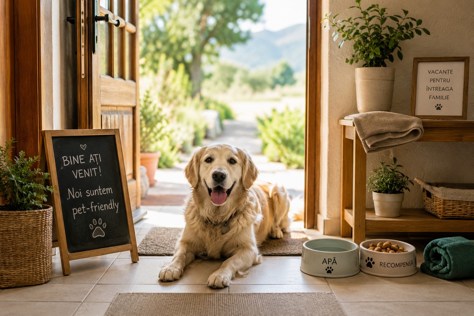 Câine relaxat într-o cazare pet-friendly, primit cu bol de apă și recompense.