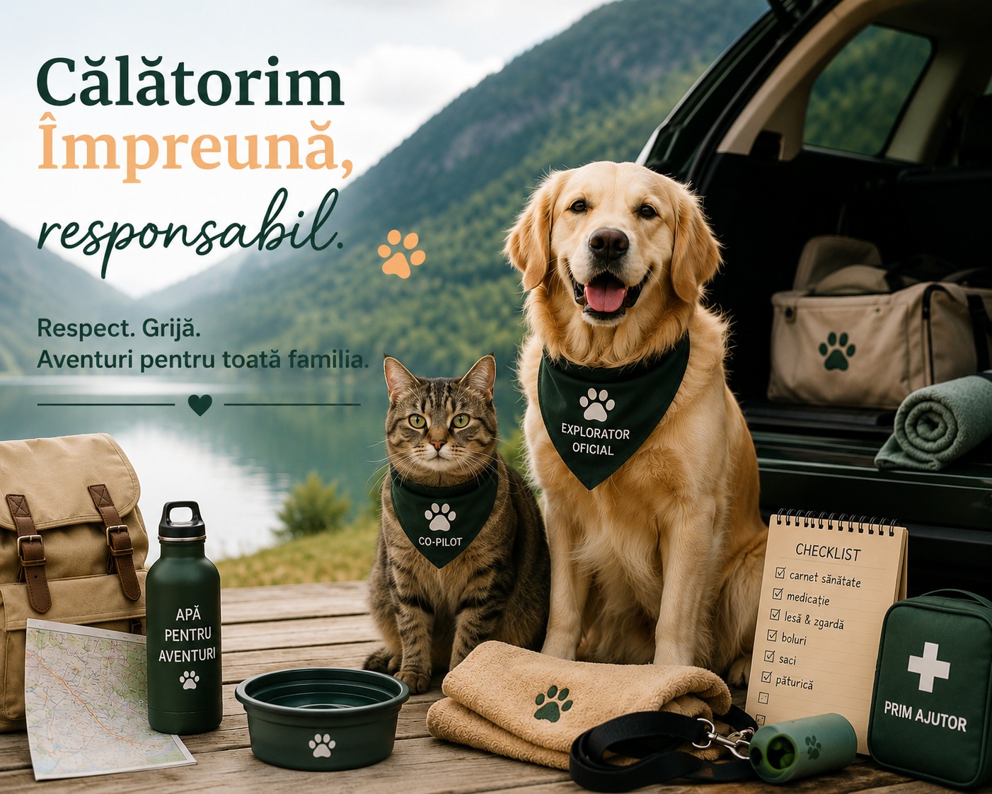 Familie care pornește în vacanță împreună cu câinele lor.